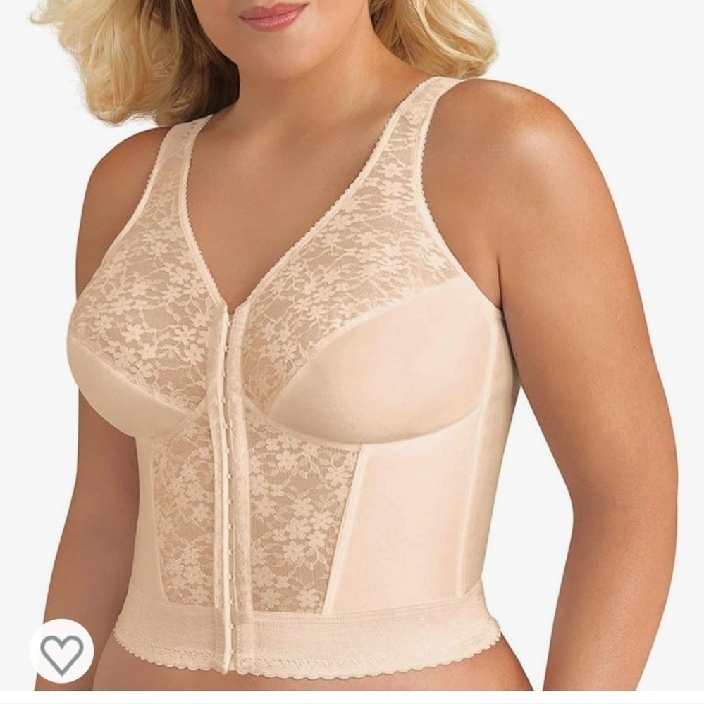 Longline Lace Front-Closure Support Bra in Beige